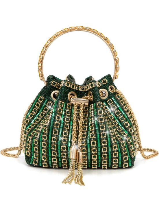Handbags - Women's Green Sparkly Rhinestone Clutch Purse Bucket Evening Bag with Chain